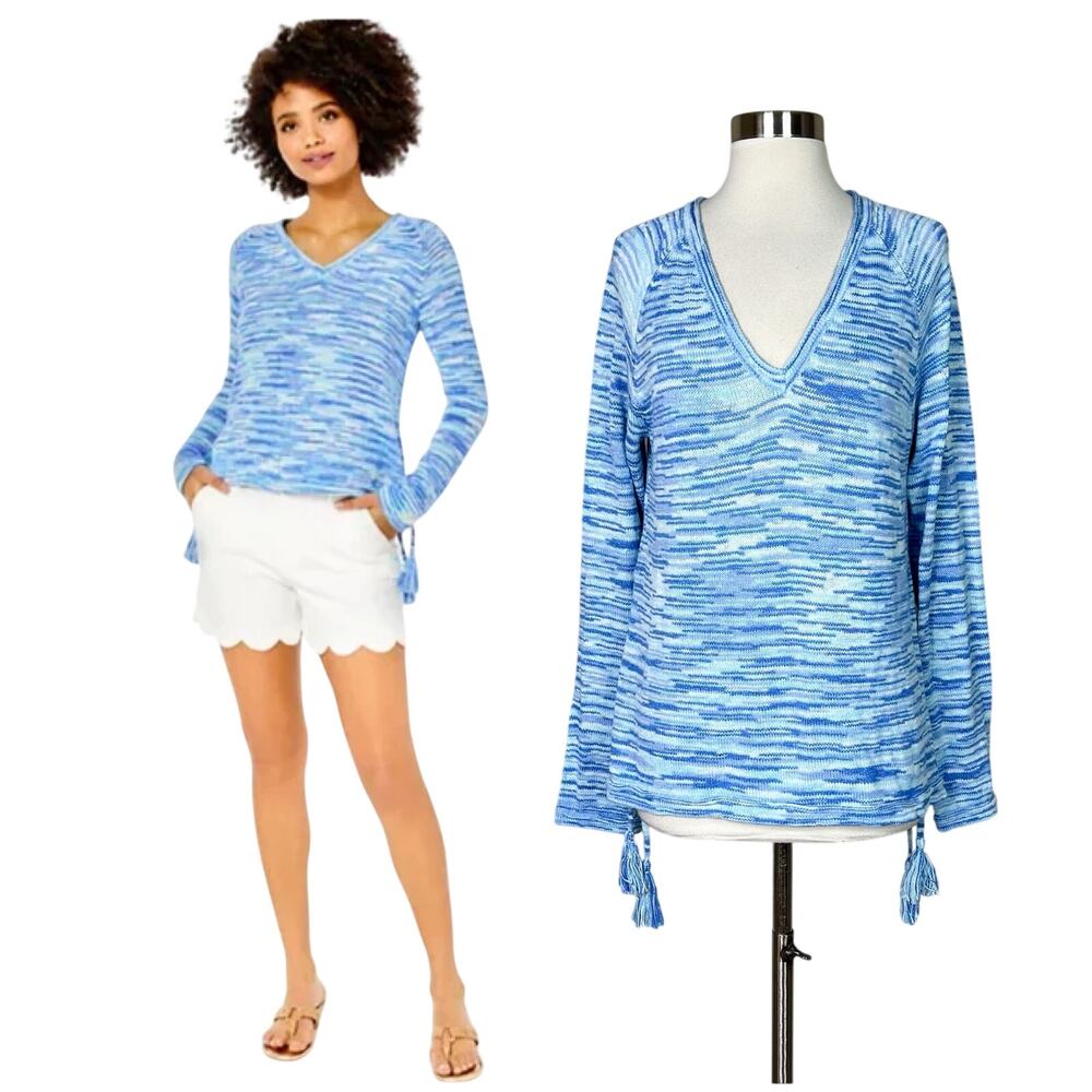 Lilly Pulitzer | Jody Blue Peri High Tide V Neck Tassel Sweater Large